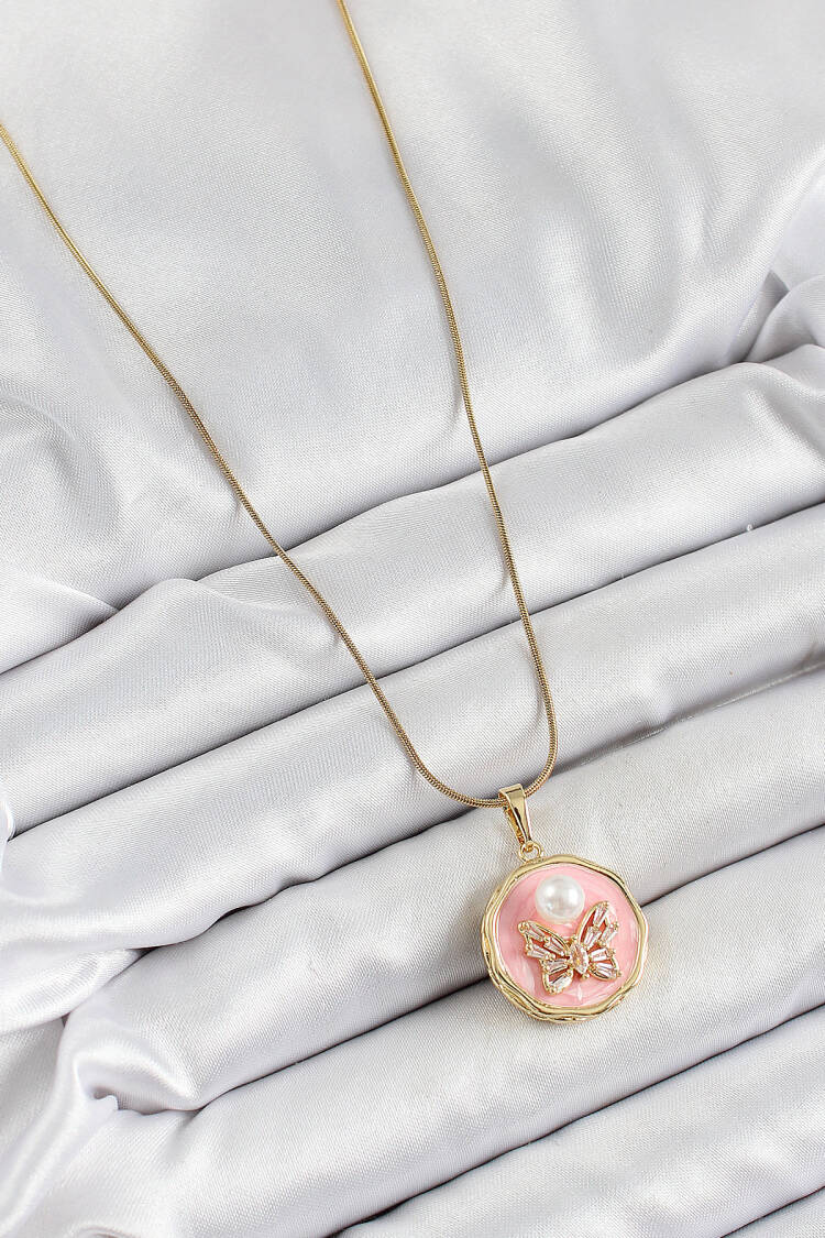 316l Steel Chain Zircon Stone Pink Artistic Portrait Pearl Detailed Butterfly Model Gold Color Women Necklace