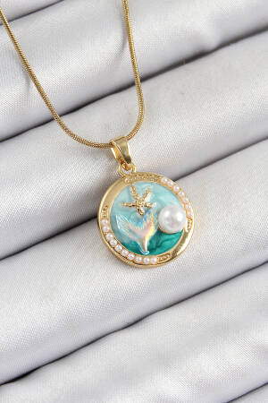 316l Steel Chain Turquoise Enamel Artistic Portrait Pearl Detailed Mermaid Model Gold Color Women Necklace - Brand: Ebijuteri - Women's Clothing Wholesale - Globality Store