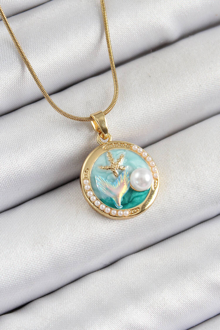 316l Steel Chain Turquoise Enamel Artistic Portrait Pearl Detailed Mermaid Model Gold Color Women Necklace - Brand: Ebijuteri - Women's Clothing Wholesale - Globality Store