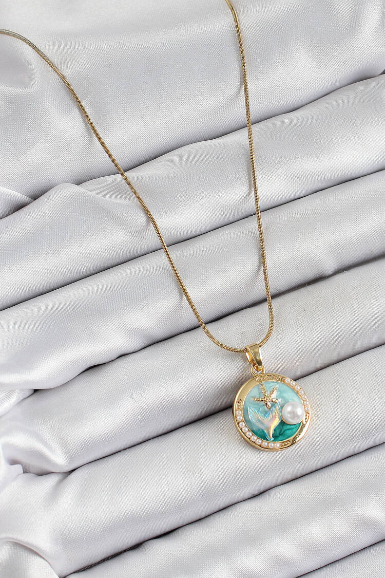316l Steel Chain Turquoise Enamel Artistic Portrait Pearl Detailed Mermaid Model Gold Color Women Necklace