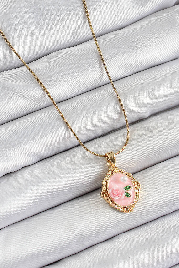 316l Steel Chain Pink Artistic Portrait Pearl Detailed Rose Figured Pattern Gold Color Women Necklace