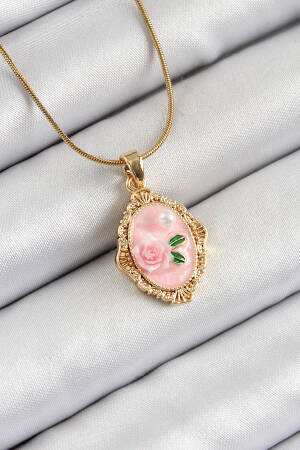316l Steel Chain Pink Artistic Portrait Pearl Detailed Rose Figured Pattern Gold Color Women Necklace - Brand: Ebijuteri - Women's Clothing Wholesale - Globality Store