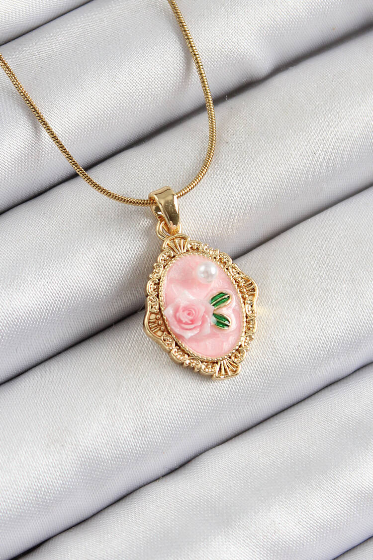 316l Steel Chain Pink Artistic Portrait Pearl Detailed Rose Figured Pattern Gold Color Women Necklace - Brand: Ebijuteri - Women's Clothing Wholesale - Globality Store