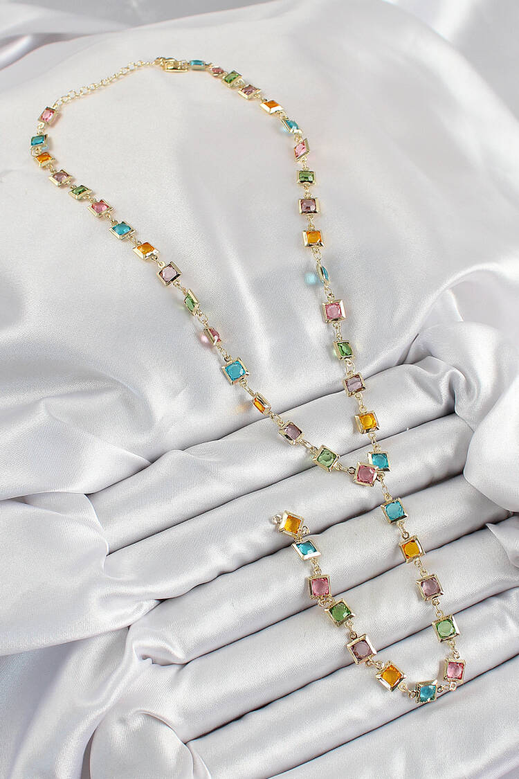 Brass Assorted Square Pattern Gold Color Zircon Stone Y Necklace