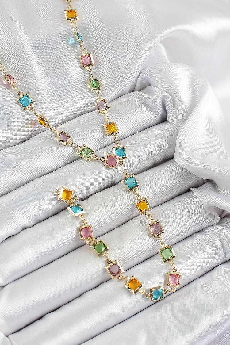 Brass Assorted Square Pattern Gold Color Zircon Stone Y Necklace - Brand: Ebijuteri - Women's Clothing Wholesale - Globality Store
