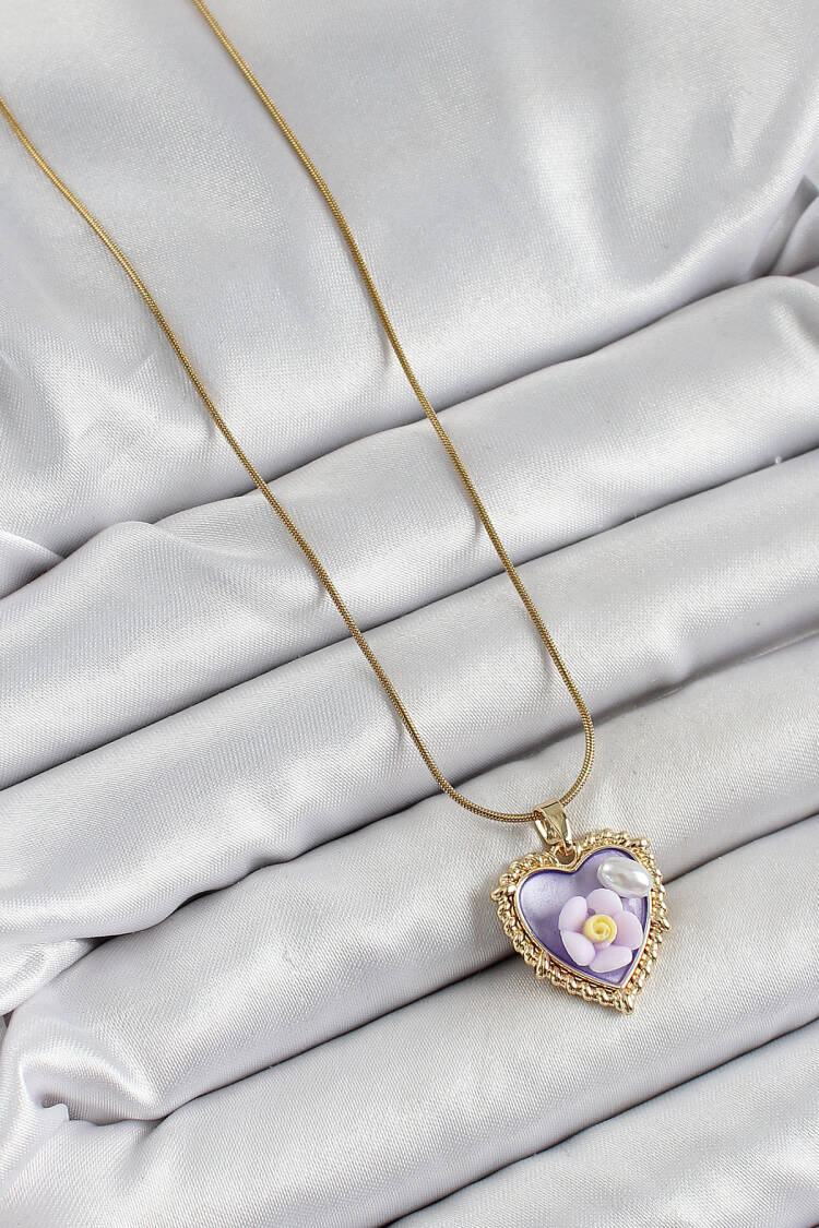 316l Steel Chain Purple Artistic Portrait Pearl Detailed Daisy Figured Heart Model Gold Color Women Necklace