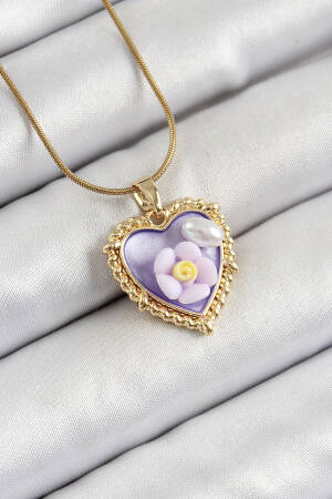 316l Steel Chain Purple Artistic Portrait Pearl Detailed Daisy Figured Heart Model Gold Color Women Necklace - Brand: Ebijuteri - Women's Clothing Wholesale - Globality Store