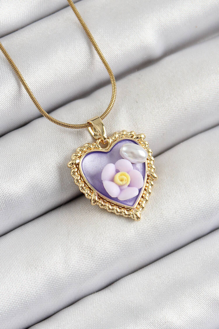 316l Steel Chain Purple Artistic Portrait Pearl Detailed Daisy Figured Heart Model Gold Color Women Necklace - Brand: Ebijuteri - Women's Clothing Wholesale - Globality Store