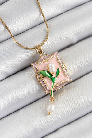 316l Steel Chain Pink Artistic Portrait Rocking Pearl Detailed Tulip Model Gold Color Women Necklace - Brand: Ebijuteri - Women's Clothing Wholesale - Globality Store