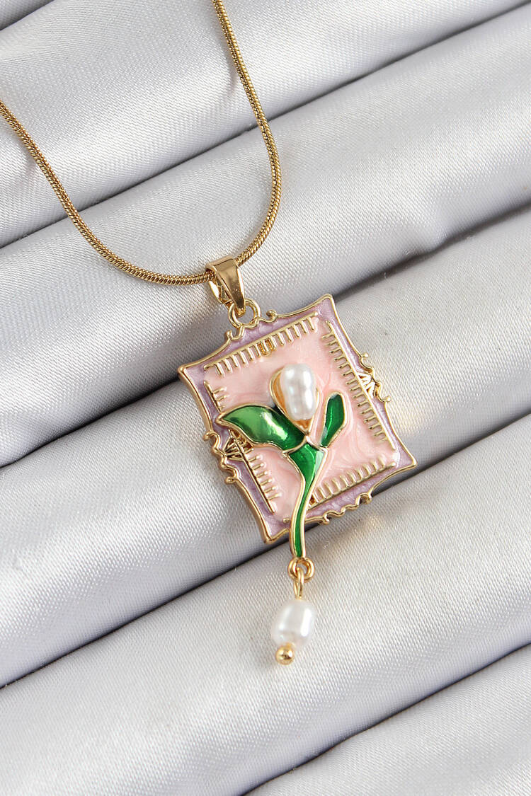 316l Steel Chain Pink Artistic Portrait Rocking Pearl Detailed Tulip Model Gold Color Women Necklace - Brand: Ebijuteri - Women's Clothing Wholesale - Globality Store