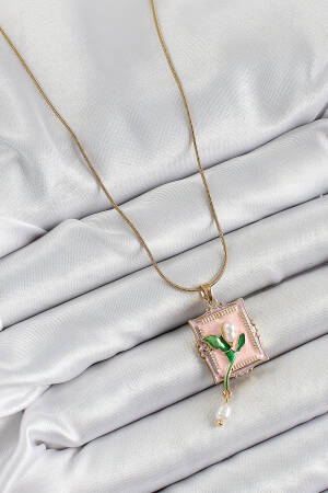316l Steel Chain Pink Artistic Portrait Rocking Pearl Detailed Tulip Model Gold Color Women Necklace - Brand: Ebijuteri - Women's Clothing Wholesale - Globality Store