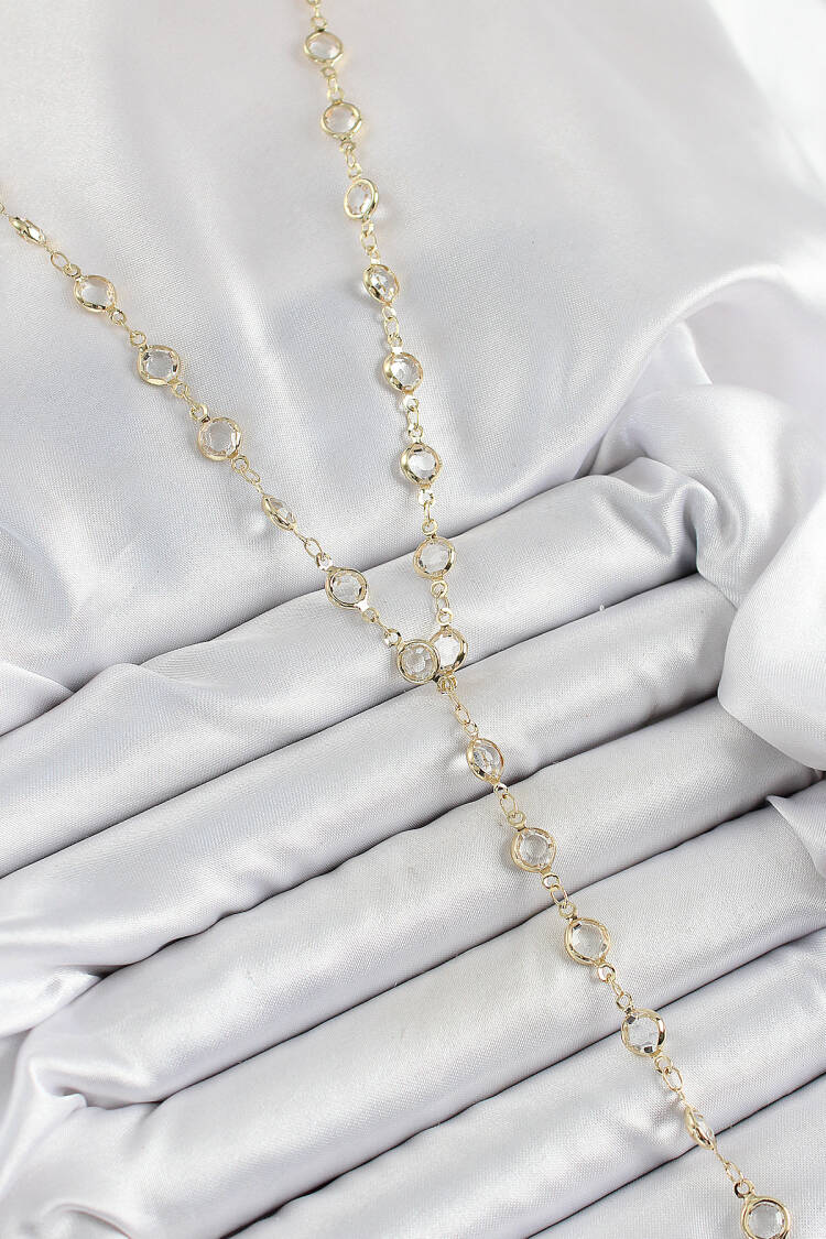Brass Transparent Pattern Gold Color Zircon Stone Y Necklace - Brand: Ebijuteri - Women's Clothing Wholesale - Globality Store