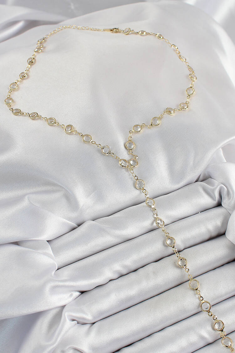 Brass Transparent Pattern Gold Color Zircon Stone Y Necklace