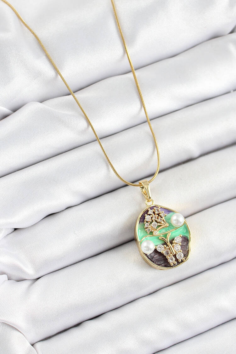 316l Steel Chain Zircon Stone Green Purple Artistic Portrait Pearl Detailed Tree And Butterfly Figured Pattern Gold Color Women Necklace