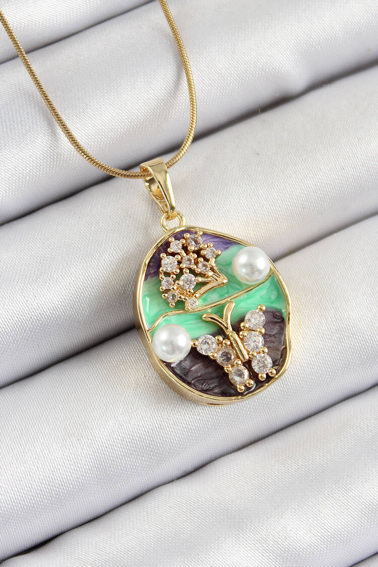 316l Steel Chain Zircon Stone Green Purple Artistic Portrait Pearl Detailed Tree And Butterfly Figured Pattern Gold Color Women Necklace - Brand: Ebijuteri - Women's Clothing Wholesale - Globality Store