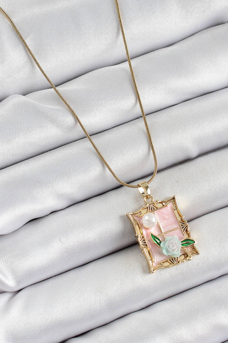 316l Steel Chain Pink Artistic Portrait Pearl Detailed Rose Figured Pattern Gold Color Women Necklace