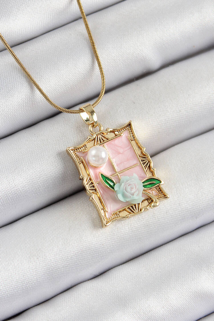 316l Steel Chain Pink Artistic Portrait Pearl Detailed Rose Figured Pattern Gold Color Women Necklace - Brand: Ebijuteri - Women's Clothing Wholesale - Globality Store