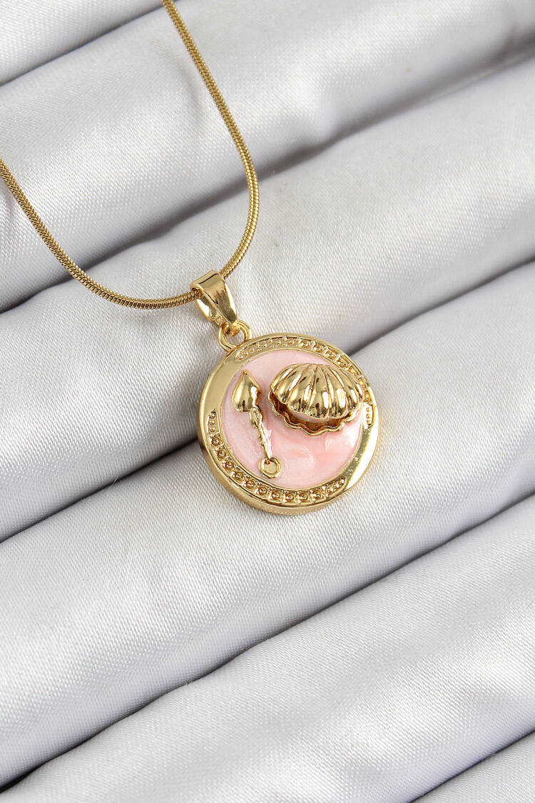 316l Steel Chain Pink Enameled Artistic Portrait Oyster Model Gold Color Women Necklace - Brand: Ebijuteri - Women's Clothing Wholesale - Globality Store