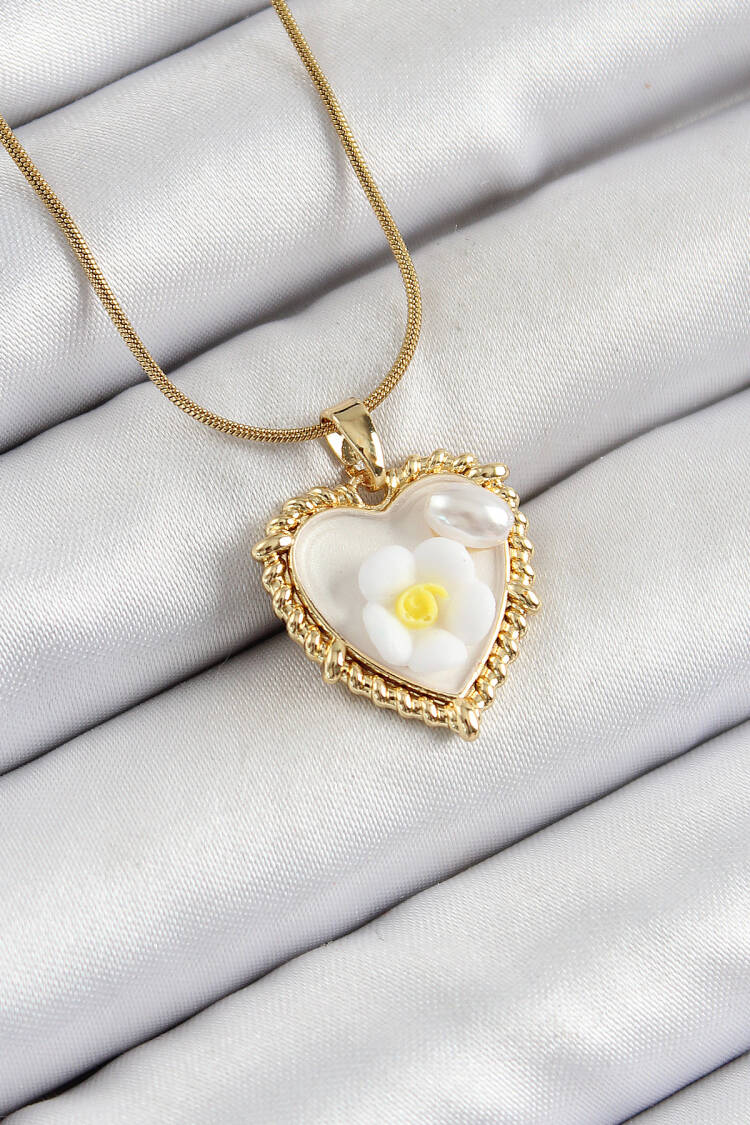 316l Steel Chain White Artistic Portrait Pearl Detailed Daisy Figured Heart Model Gold Color Women Necklace - Brand: Ebijuteri - Women's Clothing Wholesale - Globality Store