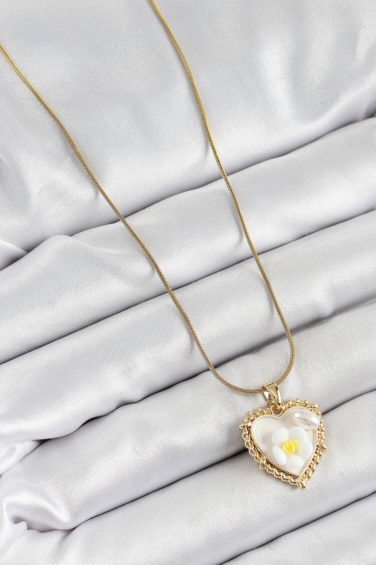 316l Steel Chain White Artistic Portrait Pearl Detailed Daisy Figured Heart Model Gold Color Women Necklace