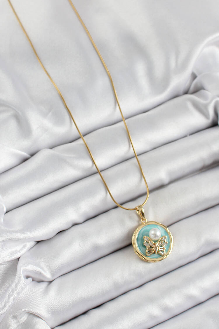 316l Steel Chain Zircon Stone Turquoise Artistic Portrait Pearl Detailed Butterfly Model Gold Color Women Necklace