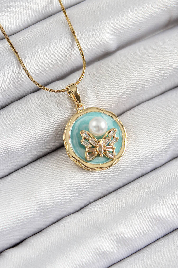 316l Steel Chain Zircon Stone Turquoise Artistic Portrait Pearl Detailed Butterfly Model Gold Color Women Necklace - Brand: Ebijuteri - Women's Clothing Wholesale - Globality Store