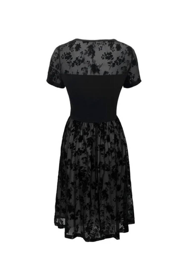 Women's Short Sleeve Crew Neck Tulle Flock Print Detailed Dress - Black