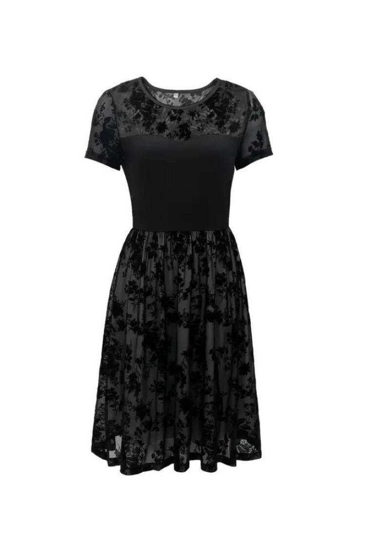 Women's Short Sleeve Crew Neck Tulle Flock Print Detailed Dress - Black