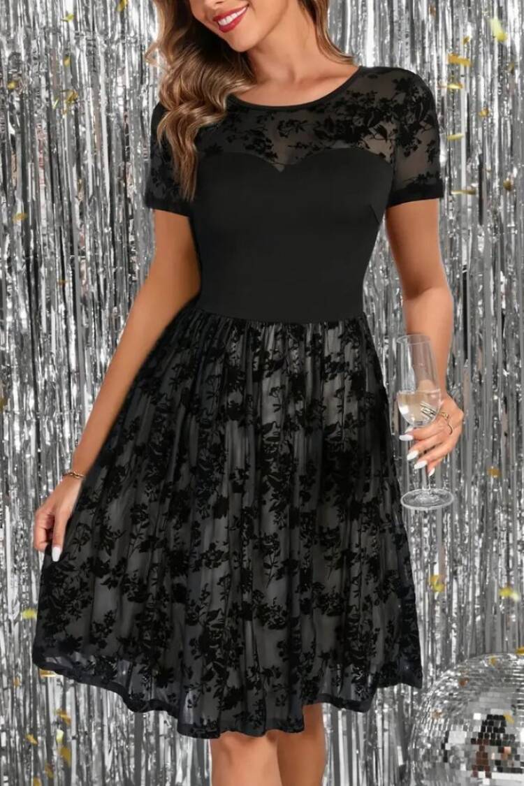 Women's Short Sleeve Crew Neck Tulle Flock Print Detailed Dress - Black - Brand: Janes - Women's Clothing Wholesale - Globality Store