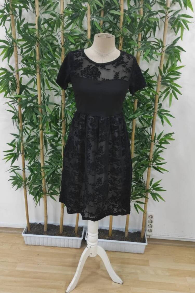 Women's Short Sleeve Crew Neck Tulle Flock Print Detailed Dress - Black