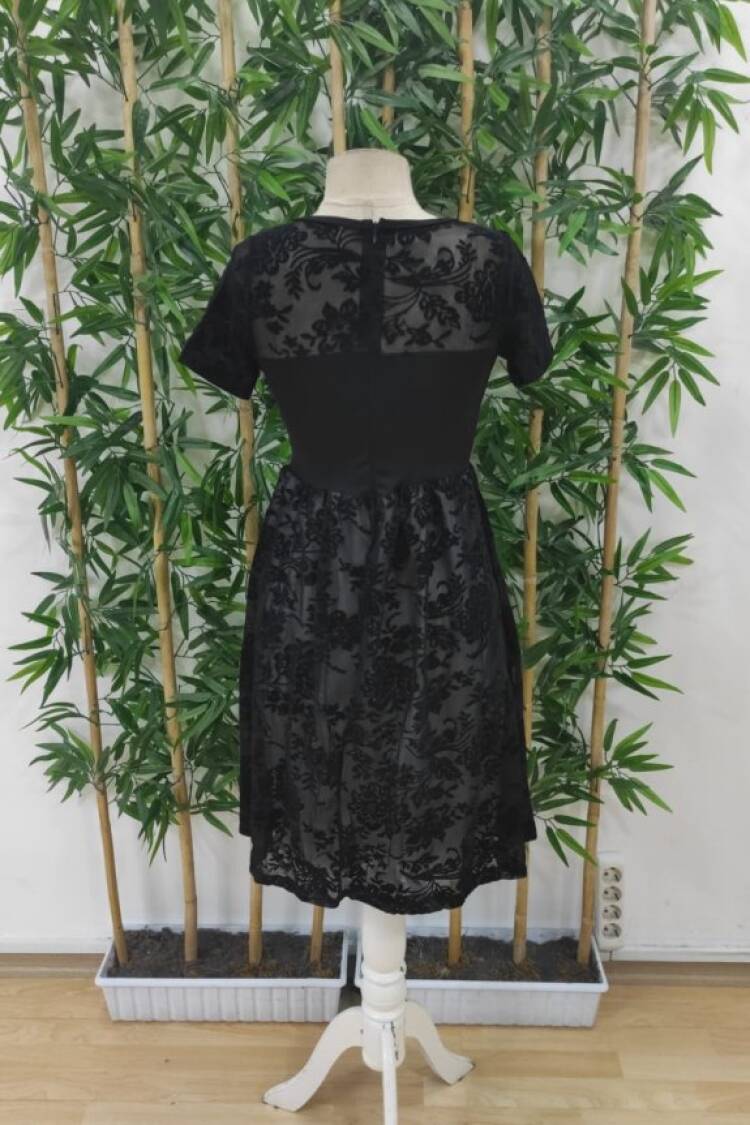 Women's Short Sleeve Crew Neck Tulle Flock Print Detailed Dress - Black