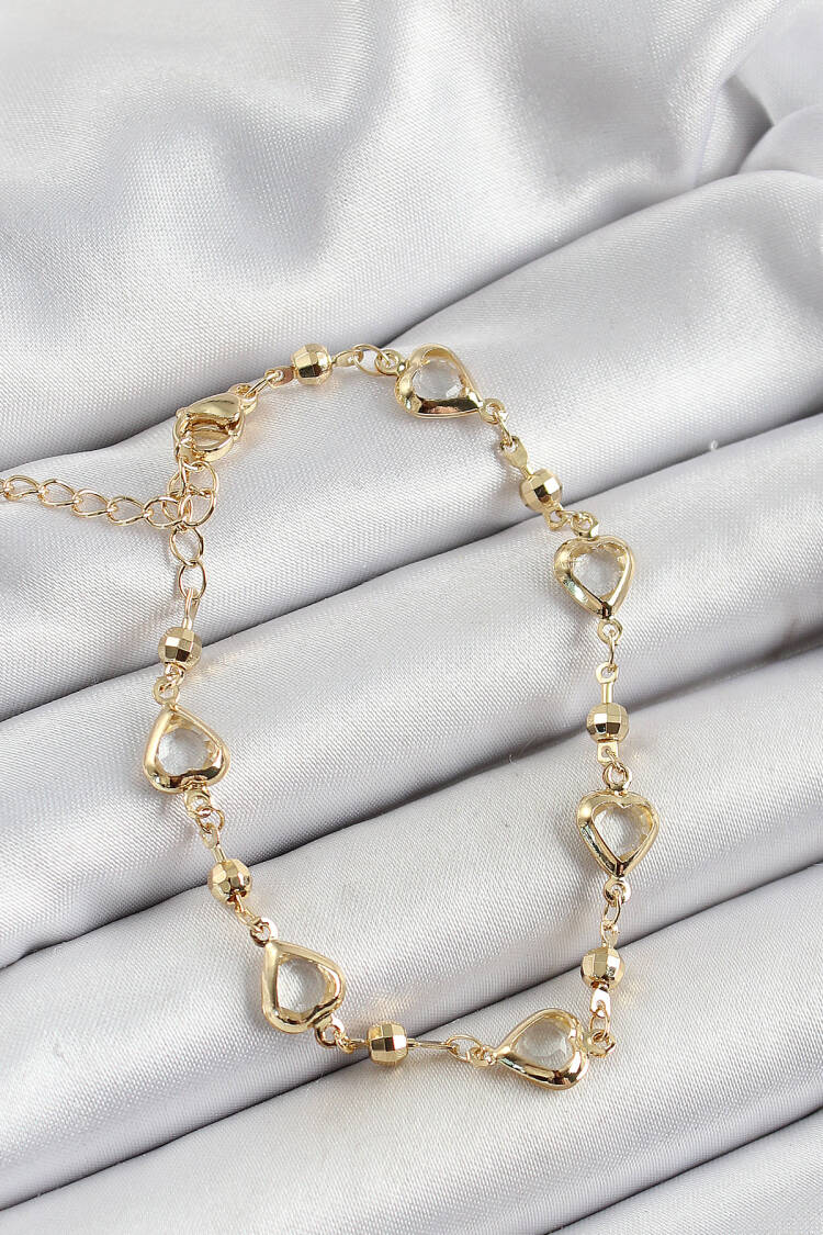 Brass Transparent Heart Pattern Gold Color Zircon Stone Women's Bracelet - Brand: Ebijuteri - Women's Clothing Wholesale - Globality Store