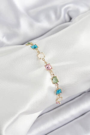 Brass Gold Color Mixed Color Square Zircon Stone Women's Bracelet - Brand: Ebijuteri - Women's Clothing Wholesale - Globality Store
