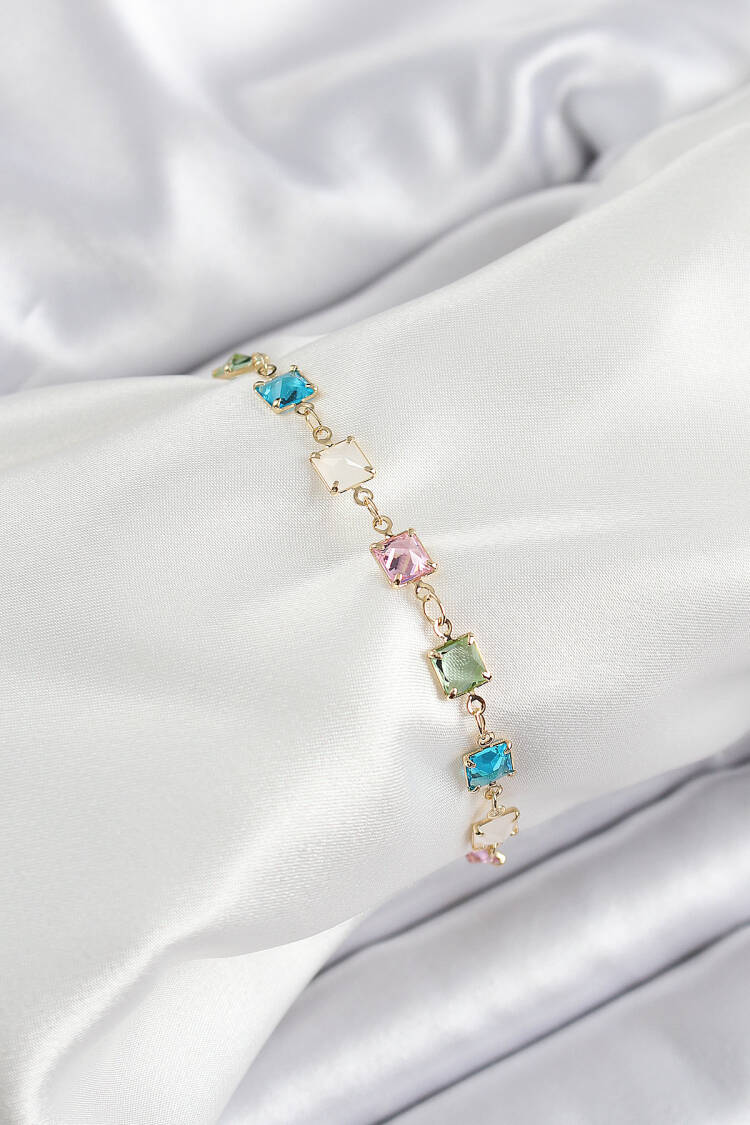 Brass Gold Color Mixed Color Square Zircon Stone Women's Bracelet - Brand: Ebijuteri - Women's Clothing Wholesale - Globality Store