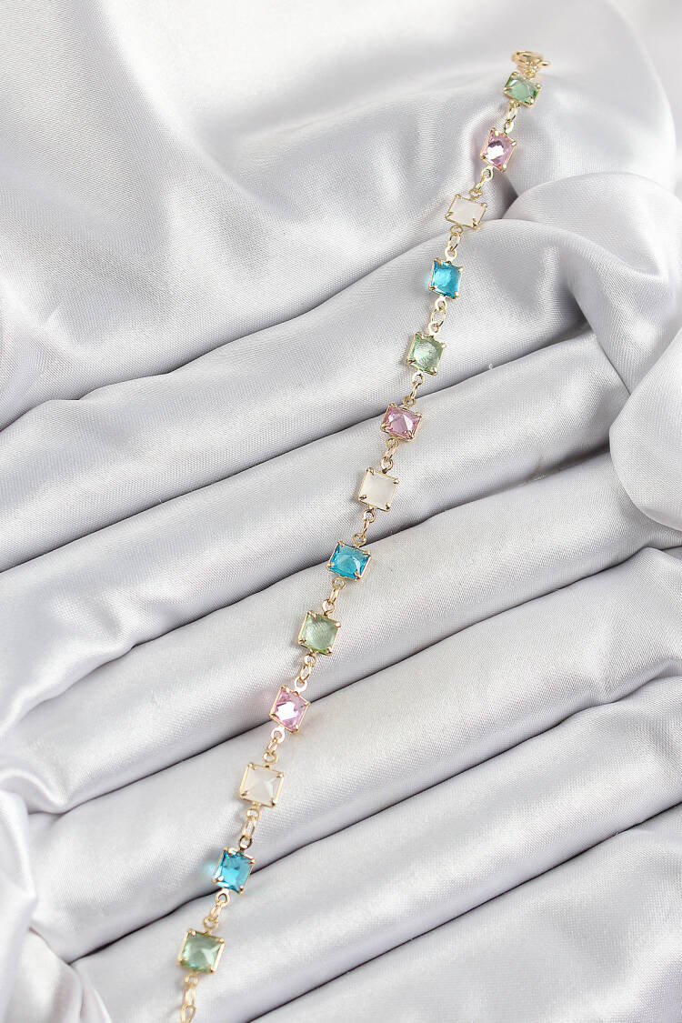 Brass Gold Color Mixed Color Square Zircon Stone Women's Bracelet