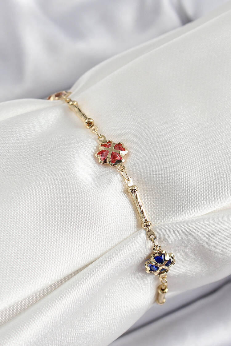 Brass Gold Color Mixed Color Clover Zircon Stone Women's Bracelet - Brand: Ebijuteri - Women's Clothing Wholesale - Globality Store