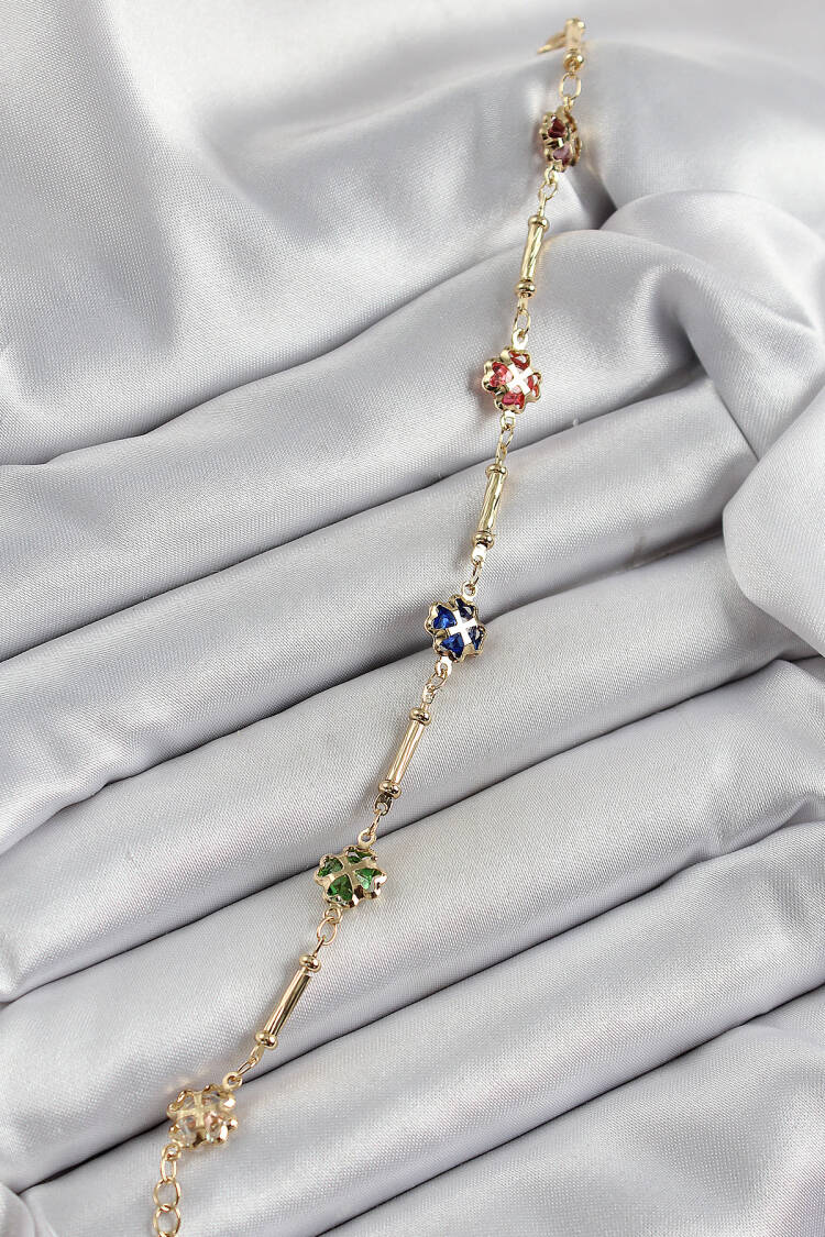 Brass Gold Color Mixed Color Clover Zircon Stone Women's Bracelet