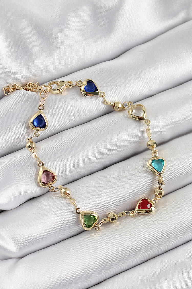 Brass Assorted Heart Model Gold Color Zircon Stone Women's Bracelet - Brand: Ebijuteri - Women's Clothing Wholesale - Globality Store