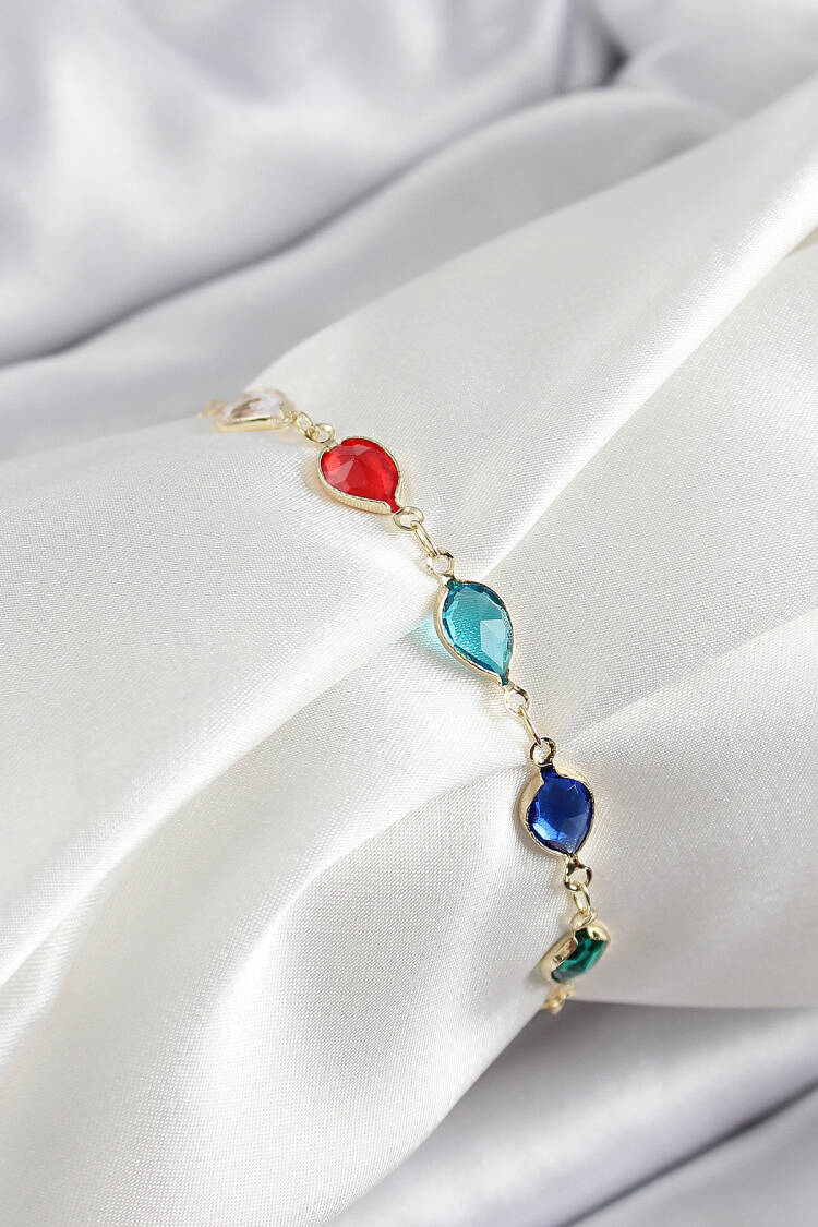 Brass Gold Color Mixed Color Drop Zircon Stone Women's Bracelet - Brand: Ebijuteri - Women's Clothing Wholesale - Globality Store