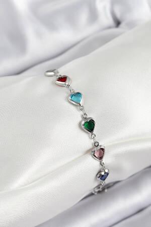 Brass Silver Color Mixed Color Heart Zircon Stone Women's Bracelet - Brand: Ebijuteri - Women's Clothing Wholesale - Globality Store