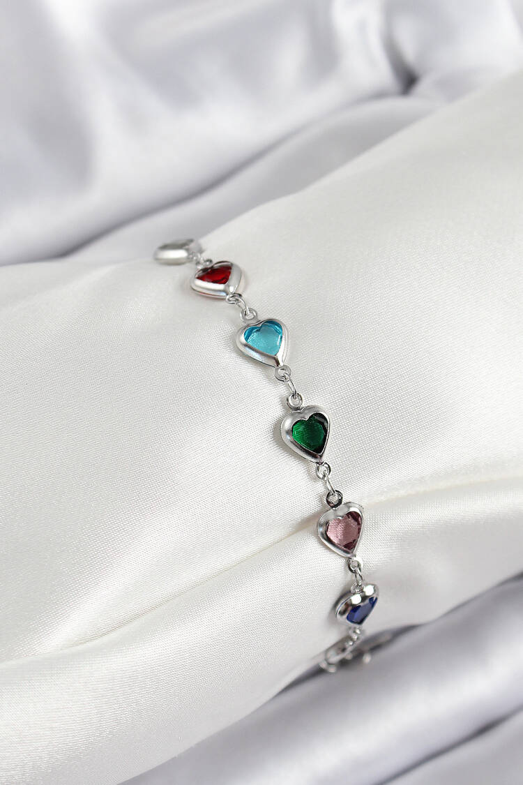 Brass Silver Color Mixed Color Heart Zircon Stone Women's Bracelet - Brand: Ebijuteri - Women's Clothing Wholesale - Globality Store