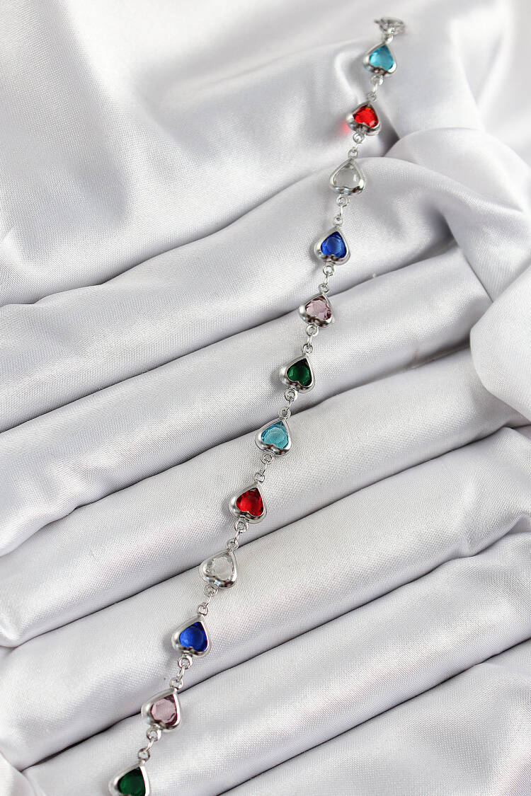 Brass Silver Color Mixed Color Heart Zircon Stone Women's Bracelet