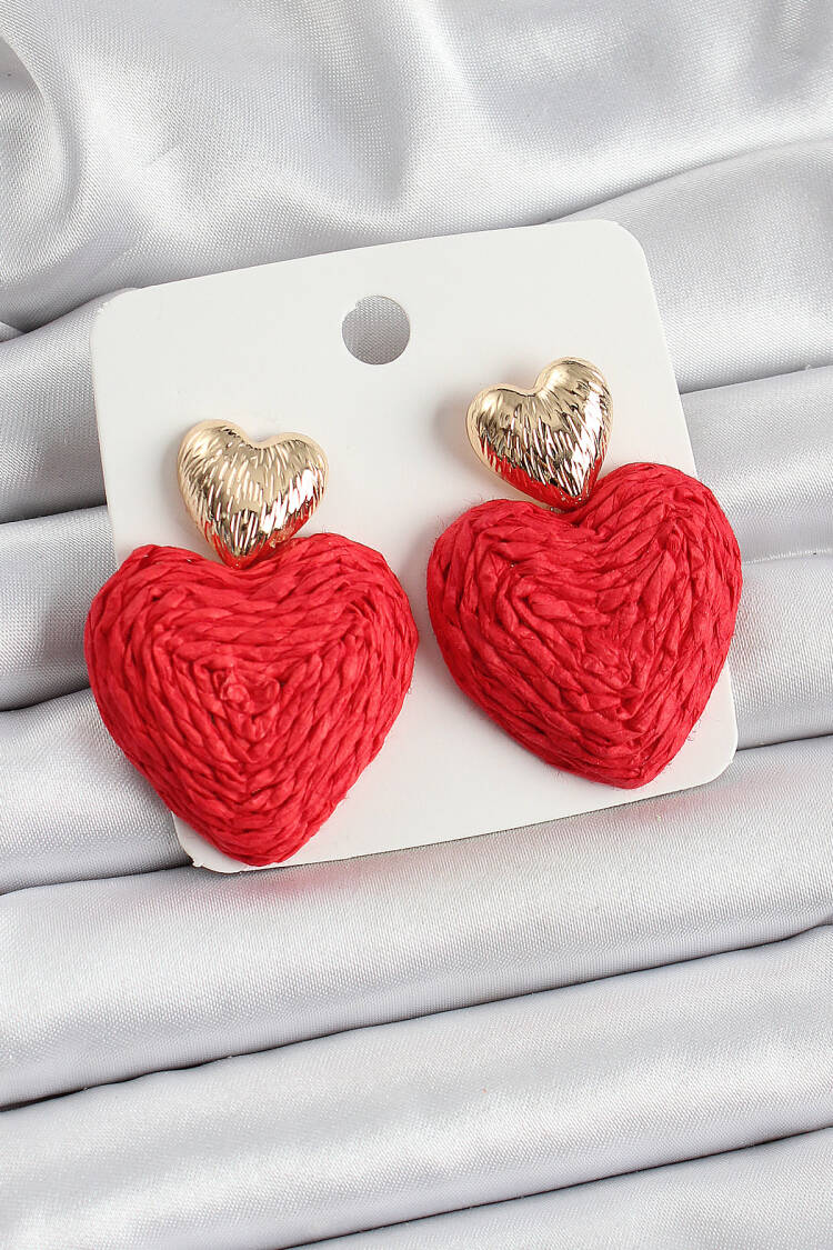 Red Heart Figured Wire Mesh Pattern Gold Color Women Earrings - Brand: Ebijuteri - Women's Clothing Wholesale - Globality Store