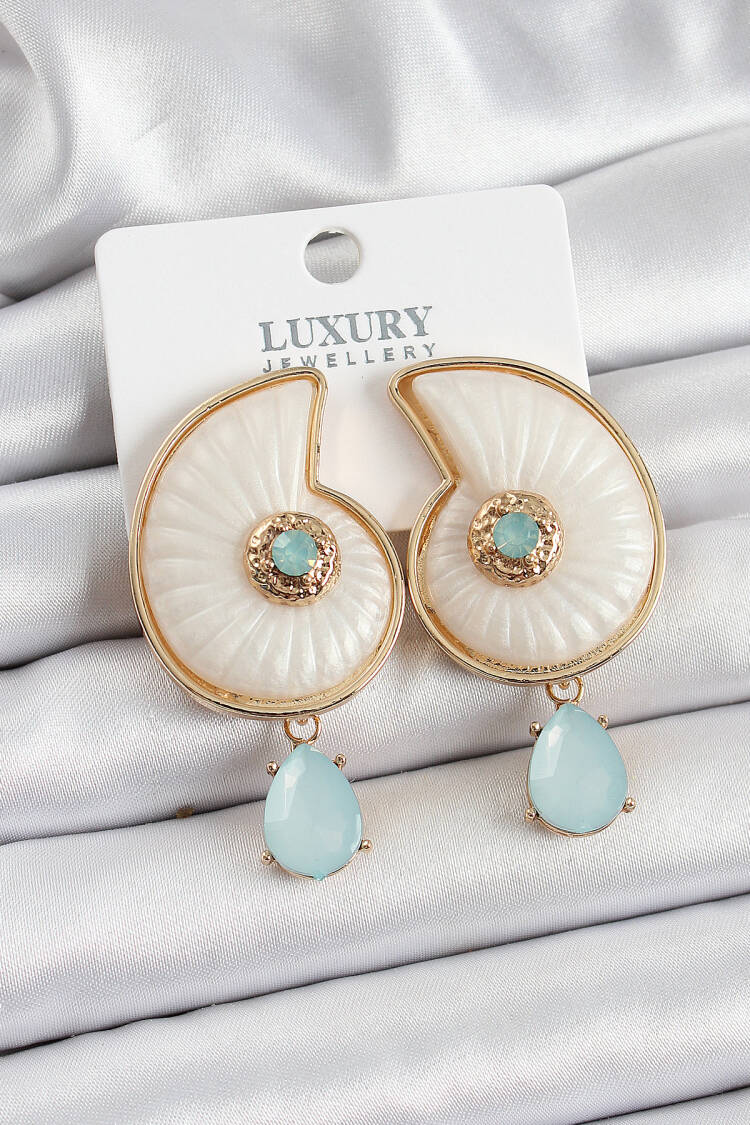 Brass Pearl Sea Shell Figured Zircon Stone Gold Color Women's Earrings - Brand: Ebijuteri - Women's Clothing Wholesale - Globality Store