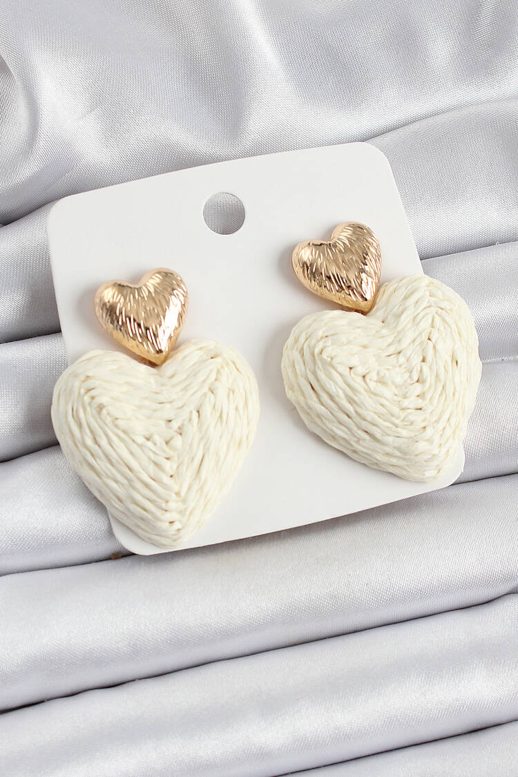 Cream Heart Figured Wire Mesh Pattern Gold Color Women's Earrings - Brand: Ebijuteri - Women's Clothing Wholesale - Globality Store