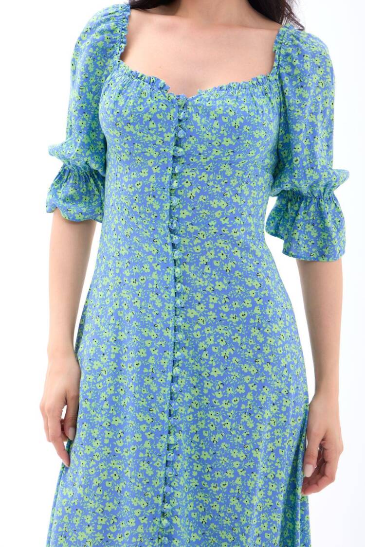 Fit And Flare Dress With Floral Ruffle Sleeves