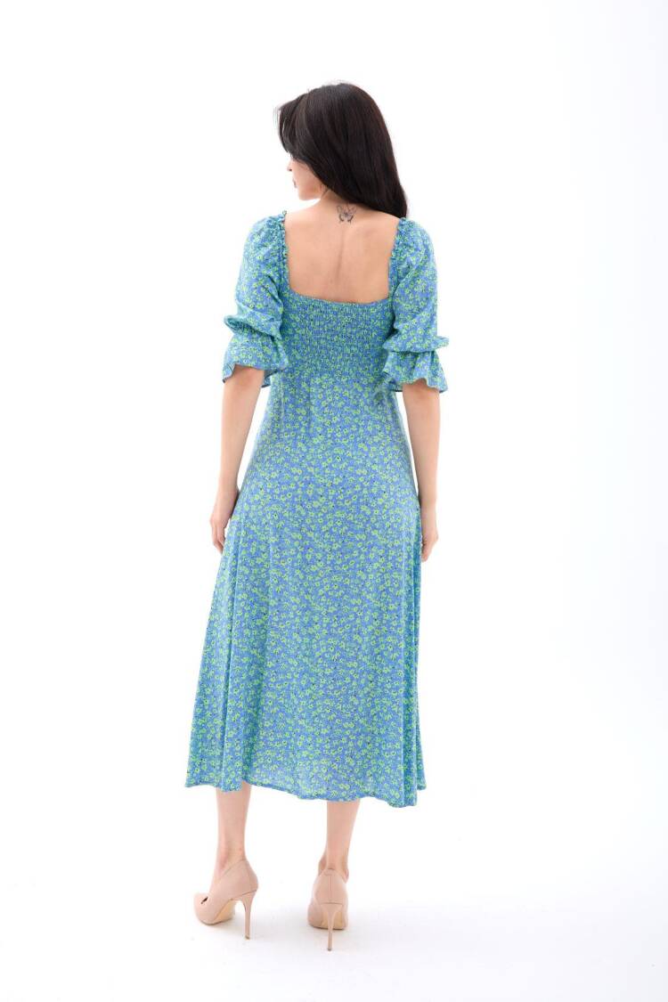 Fit And Flare Dress With Floral Ruffle Sleeves