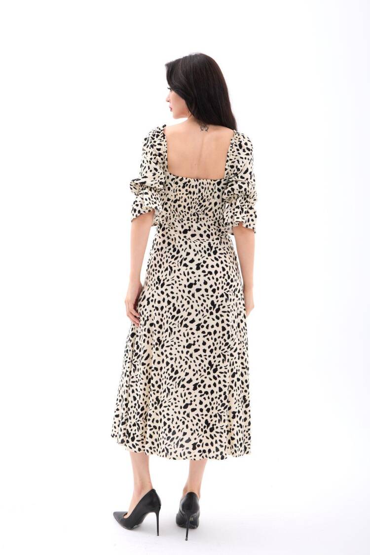 Beige Wrap Dress With Animal Print & Ruffle Sleeves