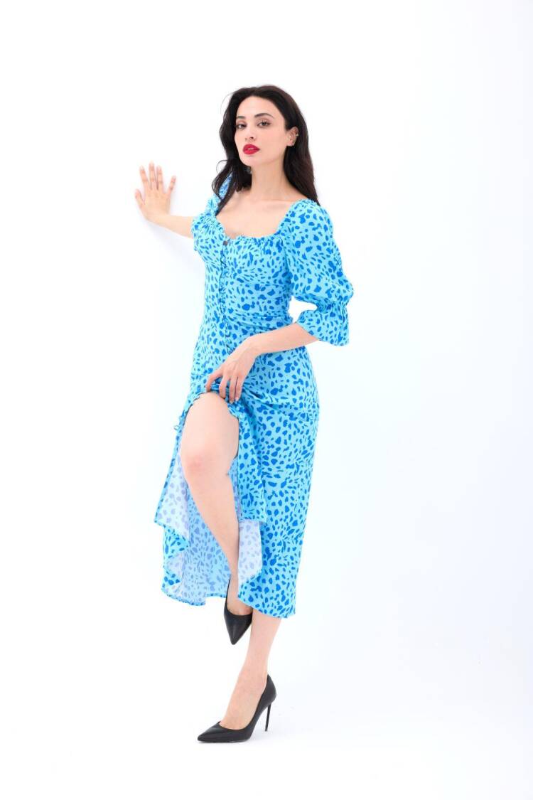 Fit And Flare Dress With Ruffle 3/4 Sleeves