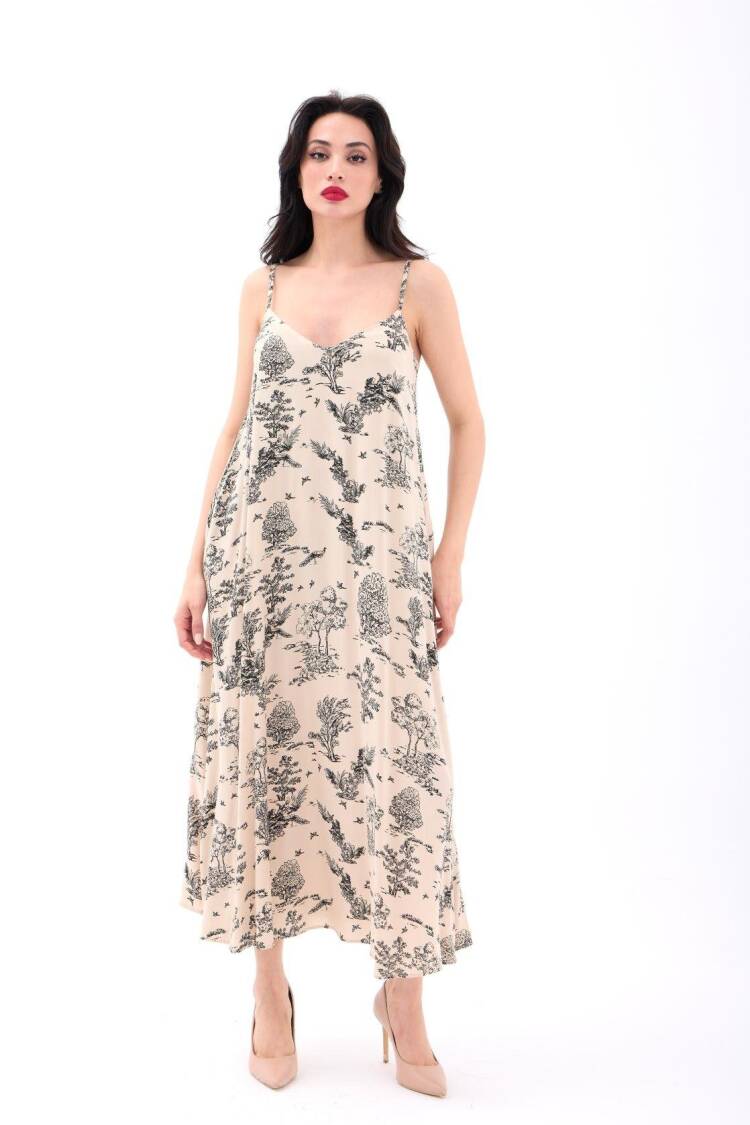 Beige Elegant Slip Midi Dress With V-Neck - Brand: Fame - Women's Clothing Wholesale - Globality Store